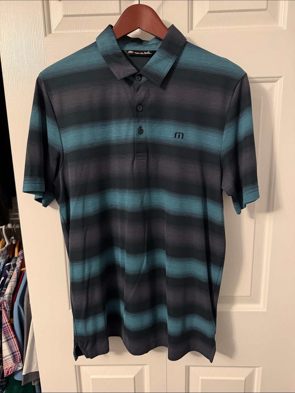 Travis Mathew Men's Teal and Black Horizontal Stripe Polo